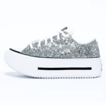 Platform Double Stack Low White Glitter