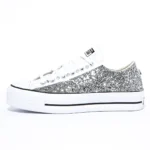 Platform Low White Glitter Pelle